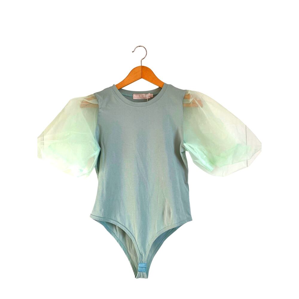 Lizette Collection Sheer Short Puff Sleeve Bodysuit Green Pastel Large Ballet